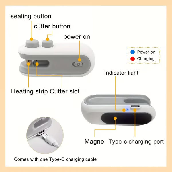 ODEIUN™ 2-in-1 Mini Bag Sealer & Cutter | USB Rechargeable Handheld Heat Sealer for Snack Preservation 🍪🔋
